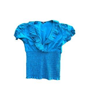 Selé Teal Blue High Rouched Waist Collared Blouse 97% Cotton 3% Spandex Medium